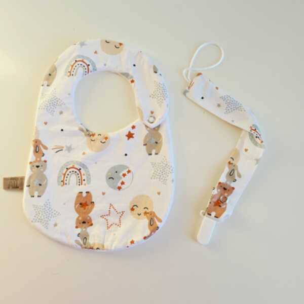 BAVAGLINO e PORTACIUCCIO orsetto e coniglietto rainbow base bianca